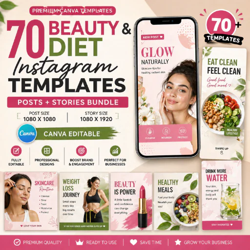 Beauty & Diet Instagram Templates– 70 Canva Editable Posts & 70 Stories Client Attraction Content