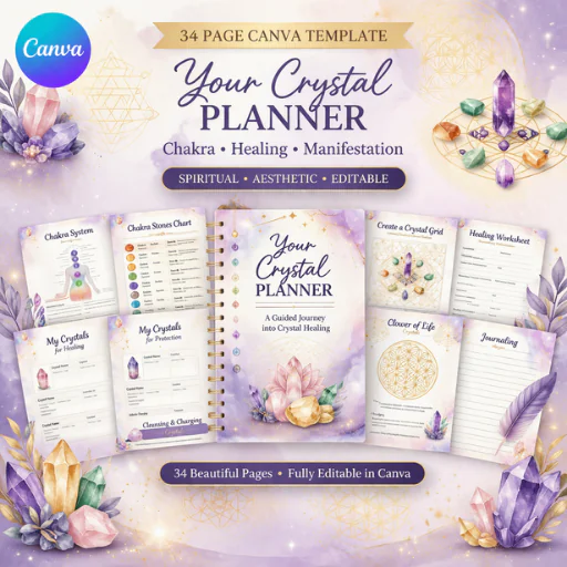 Crystal Planner Canva Template (34 Pages) – Chakra, Healing, Manifestation & Spiritual Journal