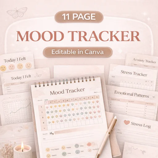 Mood Tracker Canva Template (11 Pages) – Mental Health, Anxiety & Stress Tracking Journal