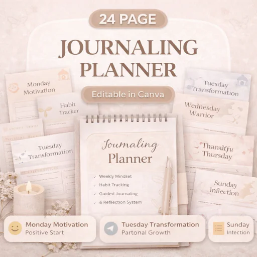 Journaling Planner Canva Template (24 Pages) – Weekly Mindset, Habit & Reflection System