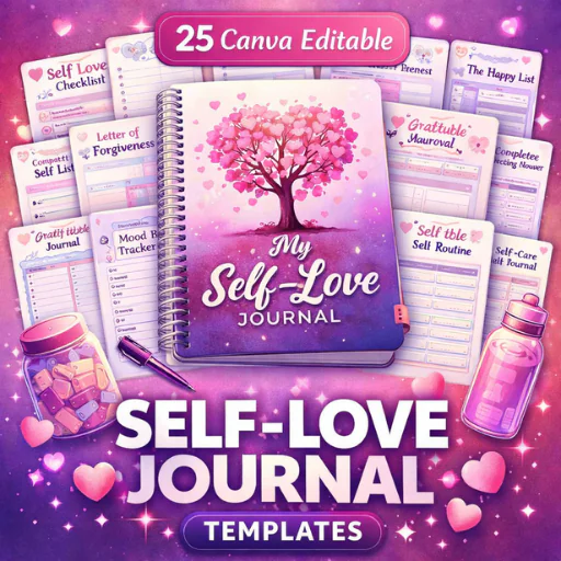 Self Love Journal Canva Template (25 Pages) – Mindset Reset, Healing, Self-Care & Growth Planner