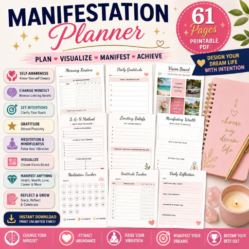 Manifestation Planner Printable PDF – 61-Page Gratitude, Affirmation, Vision Board & Goal Manifestat