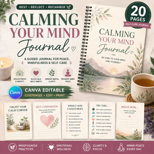 Calming Your Mind Journal – 20 Pages Canva Editable Self-Care Workbook | Anxiety Relief, Mindfulness