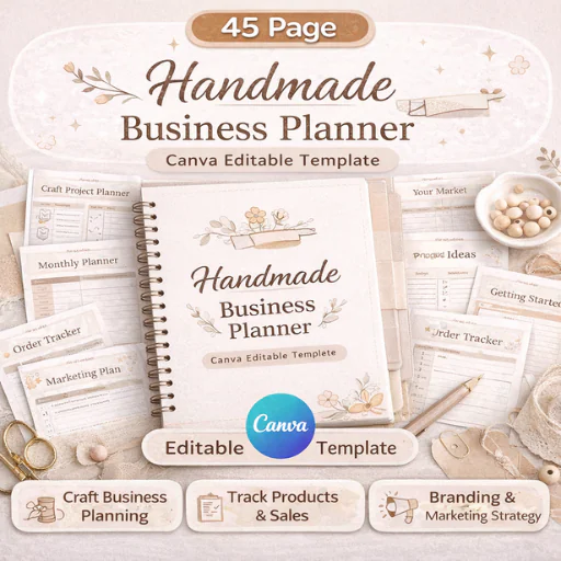 Handmade Business Planner Canva Template (45 Pages) – Craft Business, Etsy Shop & Marketing System