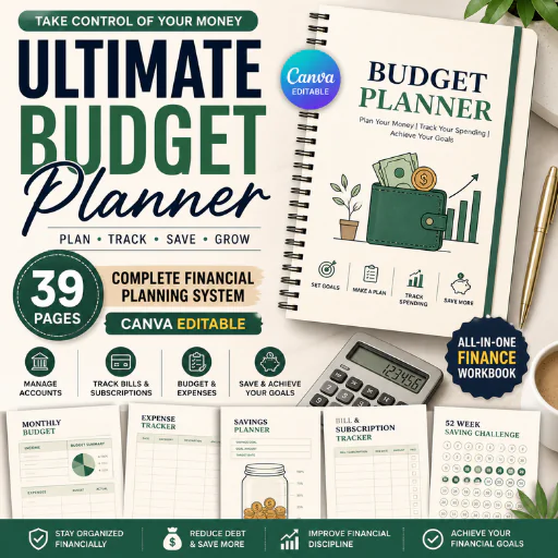 Ultimate Budget Planner – 39 Pages Canva Editable Finance Workbook | Budgeting, Savings & Expense