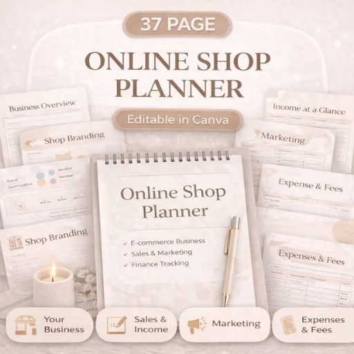 Online Shop Planner Canva Template (37 Pages) – E-commerce Business, Sales, Marketing & Finance