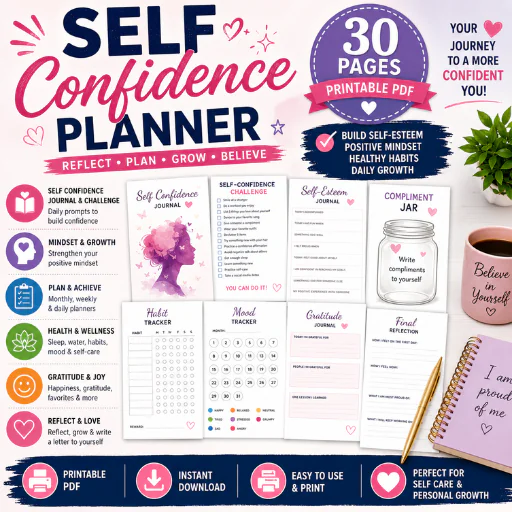 Self Confidence Planner Printable PDF – 30-Page Self-Esteem, Mindset, Gratitude & Personal Growth