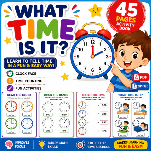 What Time Is It? – Kids Time Learning Activity Book (45 Pages PDF) | Clock & Time Telling Workbook