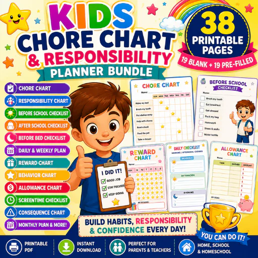 Kids Chore Chart & Responsibility Planner – 38 Printable PDF Pages | Daily Routine, Reward Chart