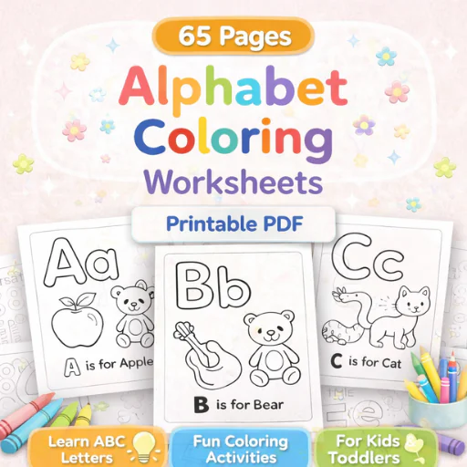 Alphabet Coloring Worksheets PDF (65 Pages) – ABC Learning & Coloring Activity Book for Kids