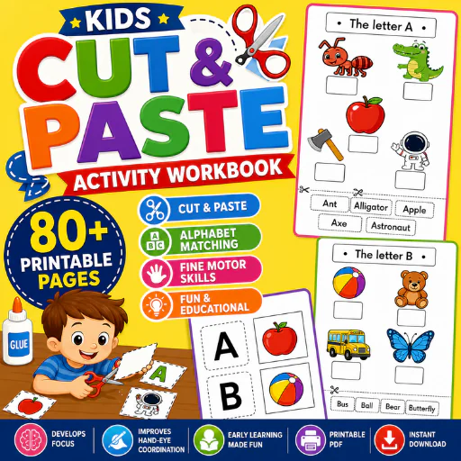 Cut & Paste Activity Workbook – 80 Printable PDF Pages | Scissor Skills, Alphabet Matching
