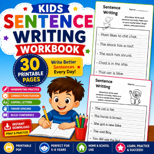 Kids Sentence Writing Workbook – 30 Printable PDF Pages | Handwriting, Sentence Copywork & Early
