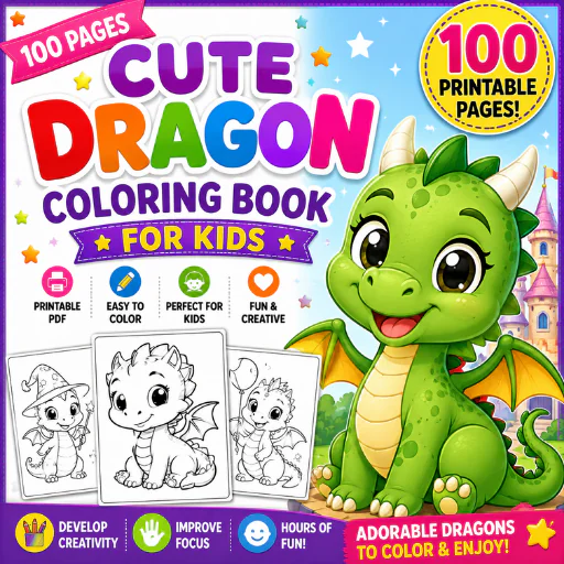 Cute Dragon Coloring Book for Kids – 100 Printable PDF Pages | Fun Fantasy Dragons Coloring Activity