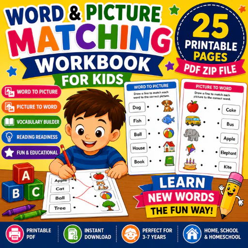 Word & Picture Matching Workbook for Kids – 25 Printable PDF Pages | Vocabulary, Word Recognition