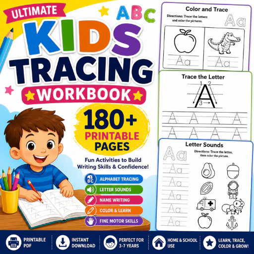 Kids Tracing Workbook – 180+ Printable Alphabet & Handwriting Activities PDF