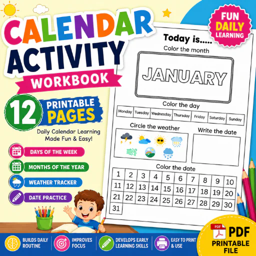 Calendar Activity Workbook–12 Printable PDF Pages | Daily Calendar Learning Worksheets for Preschool