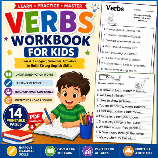 Verbs Workbook for Kids – 14 Printable Grammar Worksheets | Learn Action Words, Sentence Practice