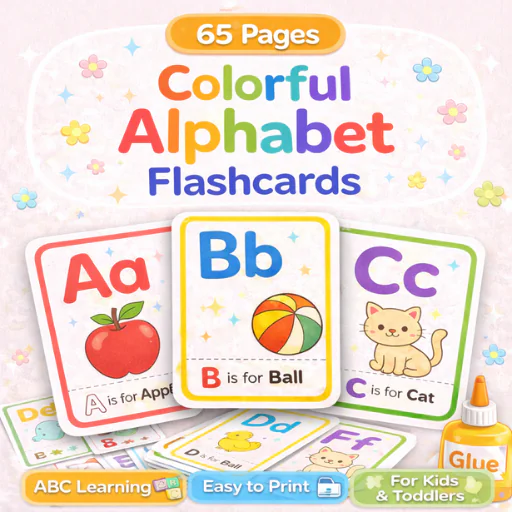 Alphabet Flashcards Printable (65 Pages) – Colorful ABC Learning Cards for Kids & Toddlers